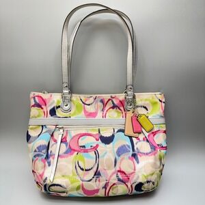 COACH Poppy Ikat C Print Tote Bag Silver Multi Color Canvas 19877 Spring Summer